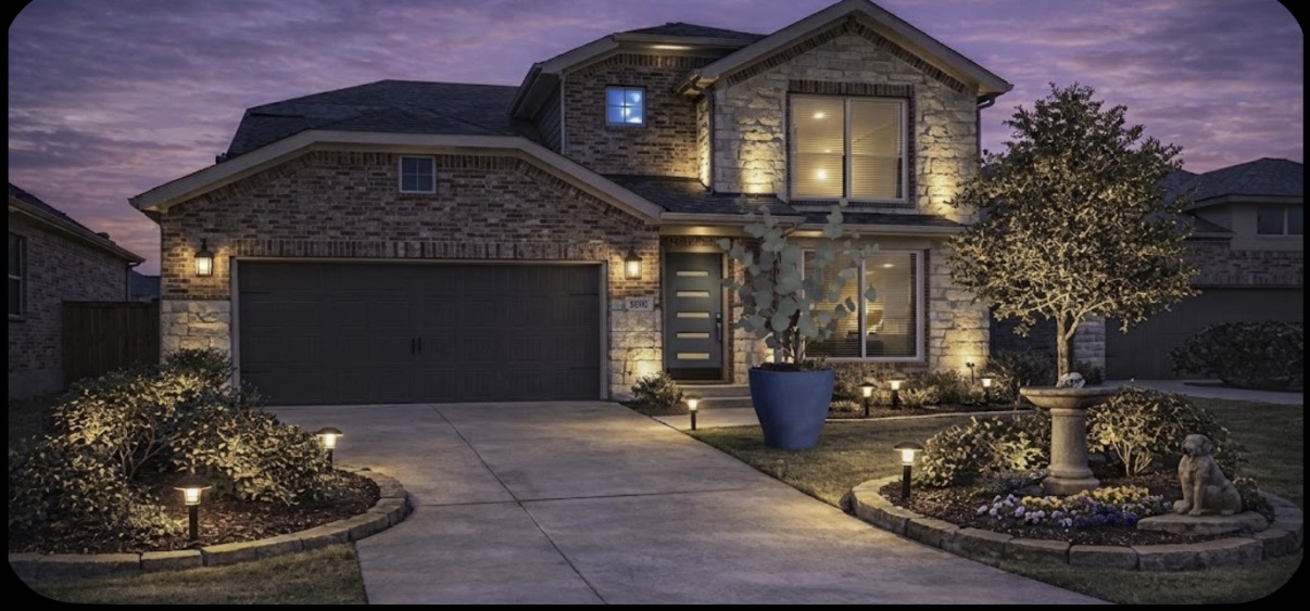 Front exterior of the home at dusk with illuminated landscaping.